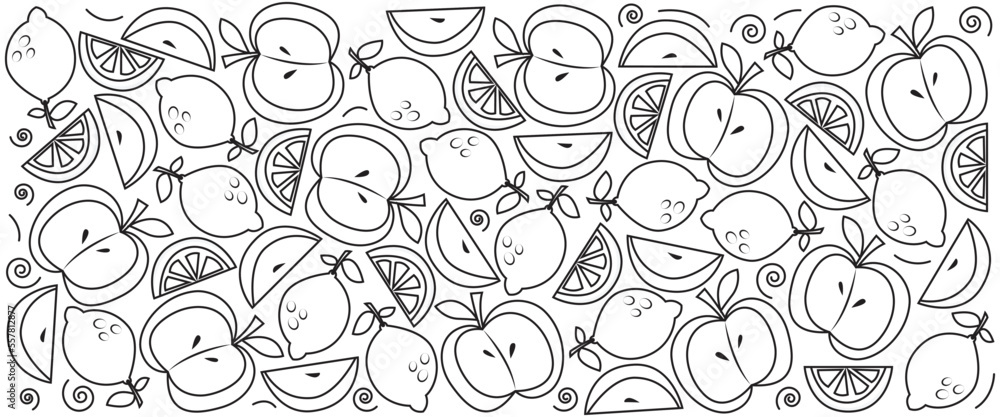 Line Art Fruits Background Layout Banners Design. Fruits Icon. Horizontal Poster, Greeting Card, Header For Website 