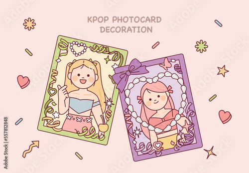 A cute idol photo card. A cute photo frame decorated with ribbons and stickers.