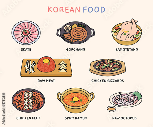 Korean food with likes and dislikes. Skate, giblets, samgyetang, raw meat, chicken sand house, chicken feet, spicy ramen, octopus.