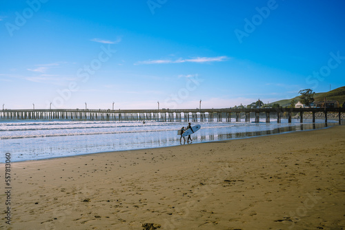 Wide sandy beach, an old wooden pier, and people resting on the beach. California Central Coast