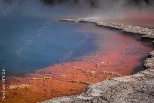 Rotorua Wai-o-Tapu Champaign pool weird and unique landscape, geothermal activity, volcanic landforms, hot pools and lakes North Island New Zealand