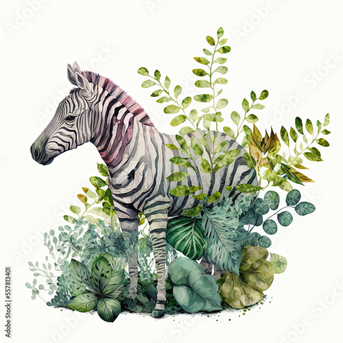 Watercolor zebra with leaves around  Generative AI