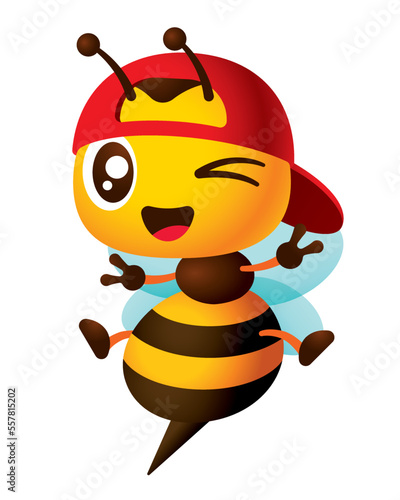 Cute worker bee cartoon wearing red baseball cap showing peace or victory hand signs. Bee winking eye with smiling mascot illustration
