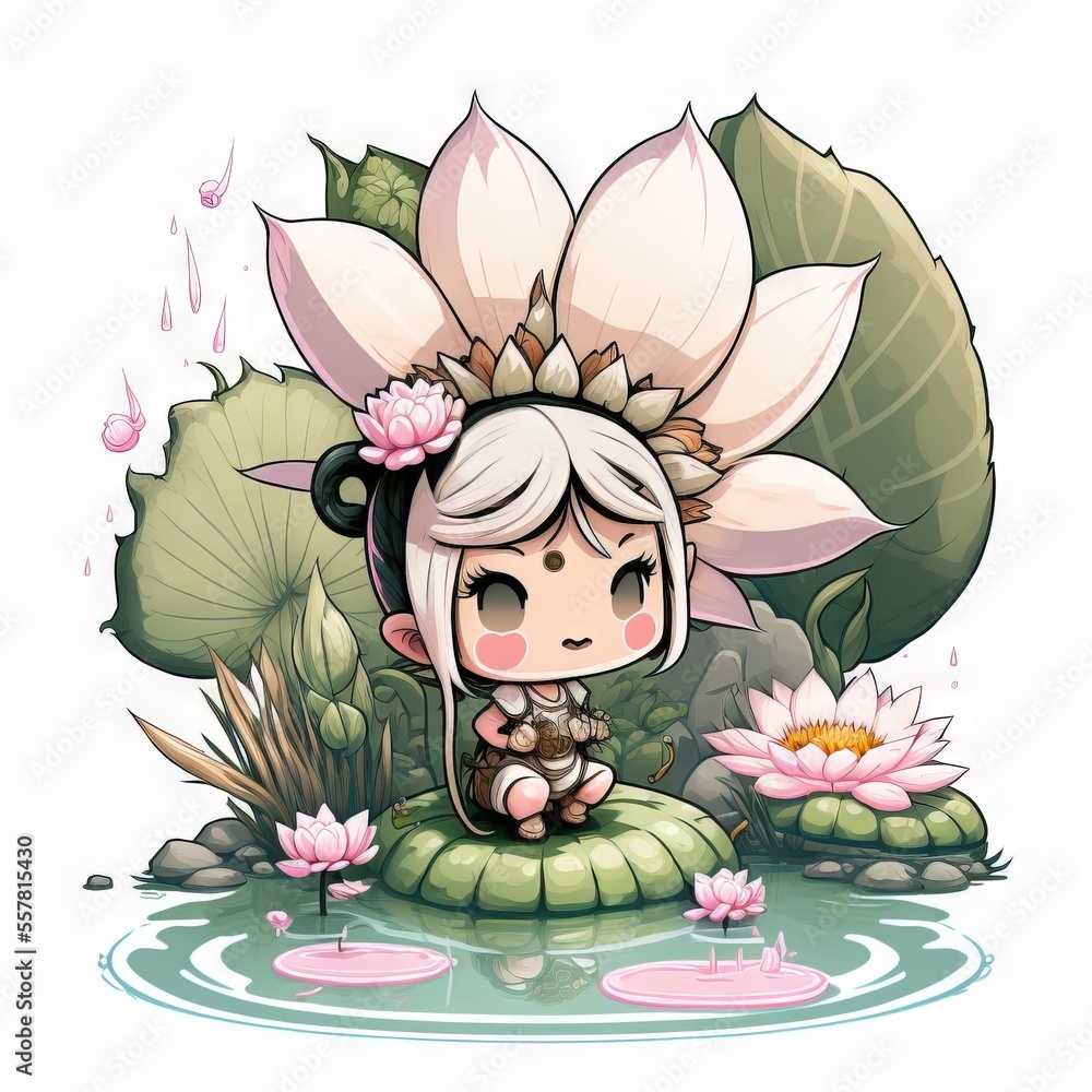 a cute little girl sitting on top of a lily pad in a pond of water with ...