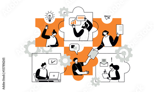 The concept of joint teamwork, building a business team. Vector illustration of working characters, people connecting pieces of puzzles. Metaphor of cooperation and business partnership.

