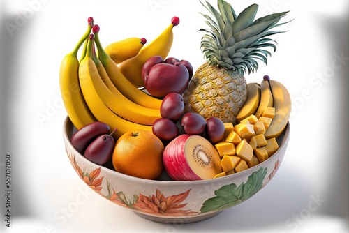  a bowl filled with lots of different types of fruit on top of a white tablecloth covered tablecloth with a pineapple and other fruits in the bowl on top of the bowl. Generative AI photo