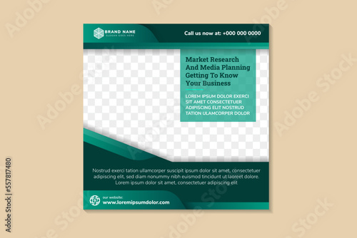 abstract modern template design with headline is market research and media planning. space of photo collage and text. Advertising social media banner with square layout. green background and element.