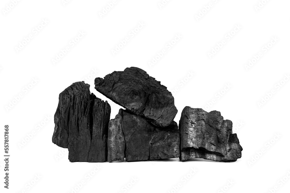 Close up pile of coals or black charcoal stack isolate on white background