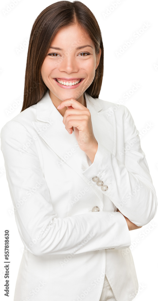 Portrait of beautiful young businesswoman with hand on chin standing isolated over white background. PNG, transparent isolated cutout, Can be superimposed on other image or background. Portrait of beautiful young businesswoman with hand on chin standing isolated over white background. PNG, transparent isolated cutout, Can be superimposed on other image or background.