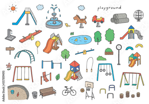 公園の遊具の手描きイラストセット（カラー）