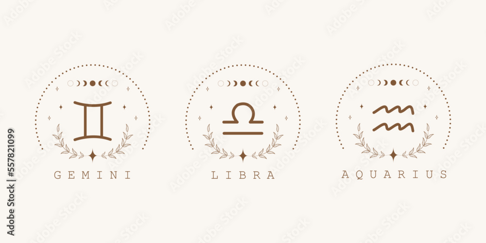 Gemini, libra, aquarius. Air zodiac signs in boho style. Astrological ...