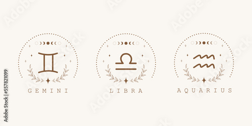 Gemini, libra, aquarius. Air zodiac signs in boho style. Astrological icons on white background. Mystery and esoteric. Horoscope vector illustration. Spiritual symbols for tarot cards, calendars.