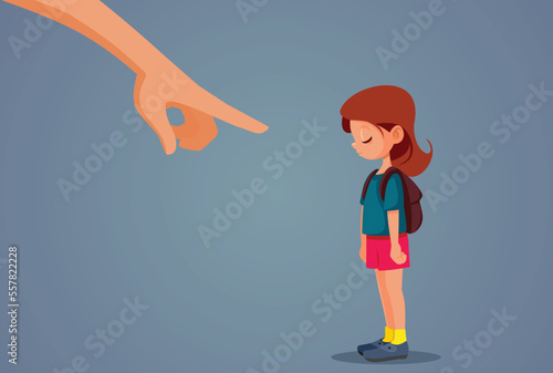Authoritarian Parent Punishing and Scolding School Girl Vector Cartoon Illustration. Sad daughter being reprimanded by demanding 
 photo