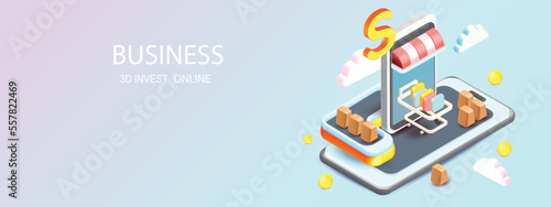 3D mobile phone funding business graph trading online vector render  style icon illustration coin growing business creative concept for finance, investment, notification banking save 