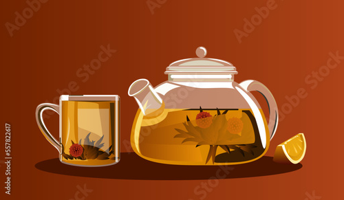 Tea with lemon, brewed tea in a kettle, tea party, brewed tea, teapot with a cup. Vector illustration.