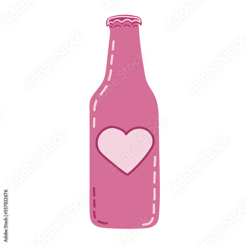 Bottle vector icon with heart sign. Bar alcohol beverage icon and favorite, like, love, care symbol. Vector illustration.
