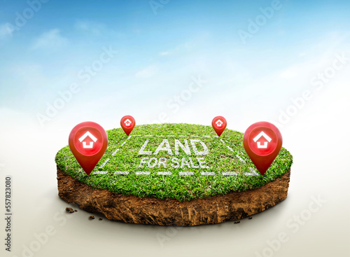 House symbol with location pin icon on cubical soil land geology cross section with green grass, ground ecology isolated on blue sky. real estate sale or property investment concept. 3d illustration.