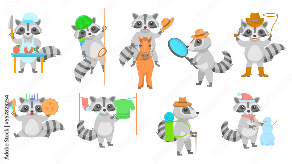 Obraz premium Big Set Abstract Collection Flat Cartoon Different Animal Raccoons Vector Design Style Elements Fauna Wildlife