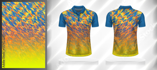 Vector sport pattern design template for Polo T-shirt front and back view mockup. Black and white color gradient texture background illustration.