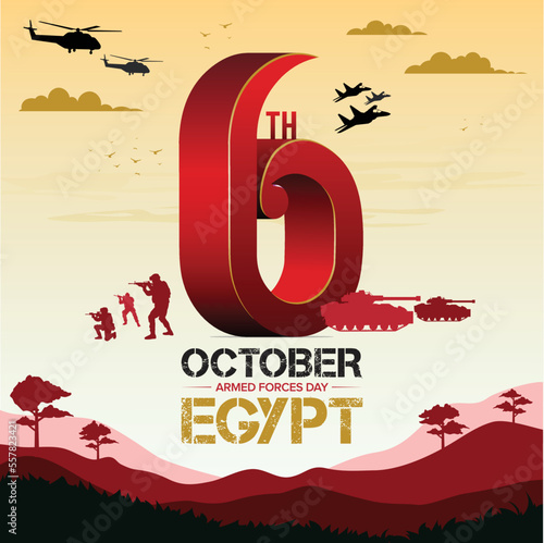 6 October Egypt war poster with 3D 6 and with flag, soldier, mountains, and jet silhouette with Background