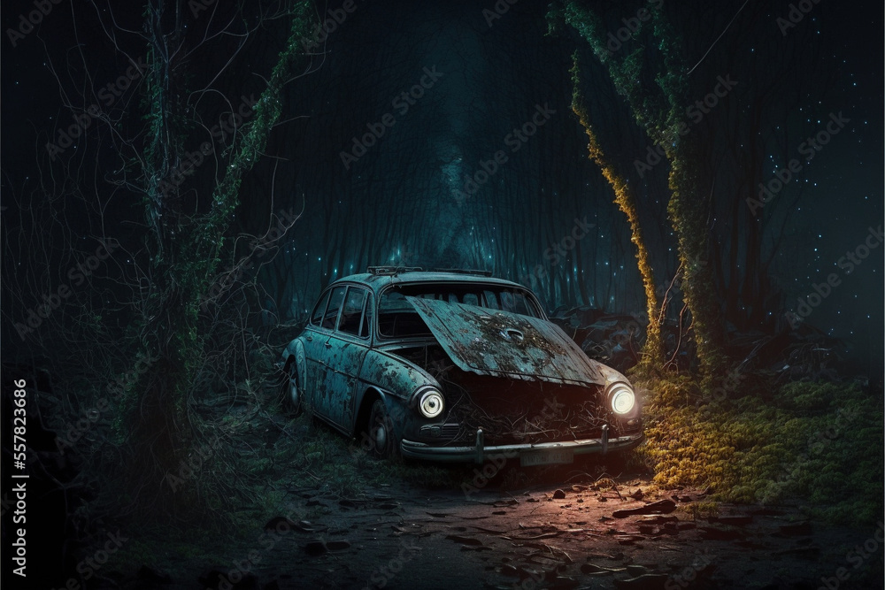 a car wreck is in the forest. Generative Ai