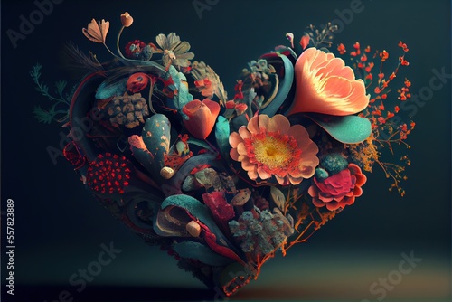 Floral Heart - 3D generative AI image of a heart made of flowers to celebrate Valentine's Day 2023. February holiday celebration of love, romance, and caring with a modern look and feel
