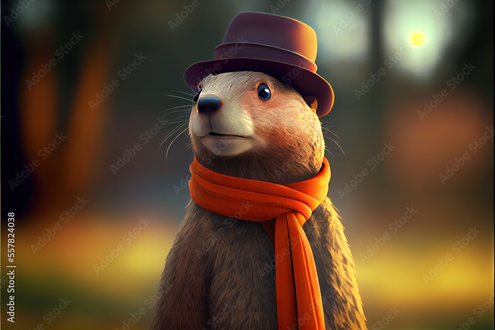 3D Anthropomorphized Groundhog - Groundhog Day is an annual American tradition in which a groundhog emerges to predict winter or spring. generative AI groundhog dress in hat and scarf - obrazy, fototapety, plakaty 