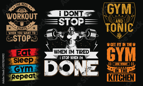 Gym t-shirt designs bundle, fitness T-shirt design bundle, vector gym t-shirt designs, fitness grungy vector t-shirts, Workout inspirational graphic shirt design.
