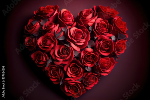 Red Roses Heart - 3D generative AI image of a heart made of flowers to celebrate Valentine s Day 2023. February holiday celebration of love  romance  and caring with a modern look and feel