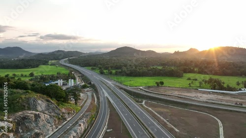 4k Resolution Aerial shot of a beautiful golden sunset on the Central Highway E04, kurunegala Interchange, Sri Lanka. photo