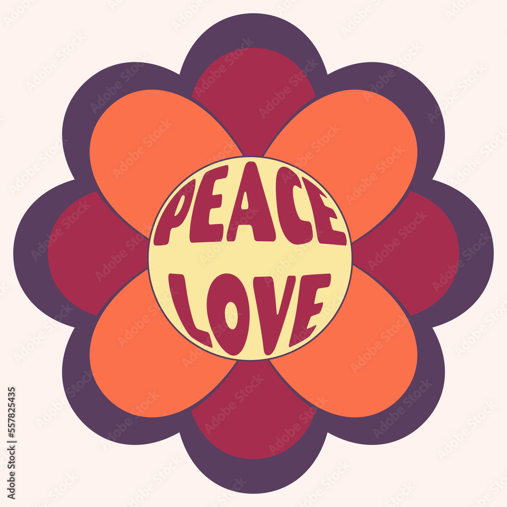 Icon, sticker in the style of a hippie with flower and a circle inscription peace, love inside. Icon, sticker in the style of a hippie with flower and a circle inscription peace, love inside.