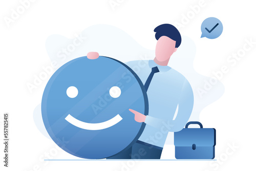 Businessman holds good mood sign. Positive thinking, concept. Positive review and emotions. Motivation banner. Pleasure from work and business. Calm worker man close up.