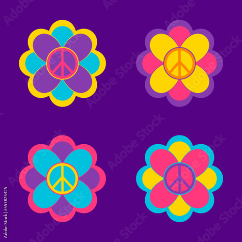 Set of flowers in hippie style with peace symbols on violet background. Neon colors.