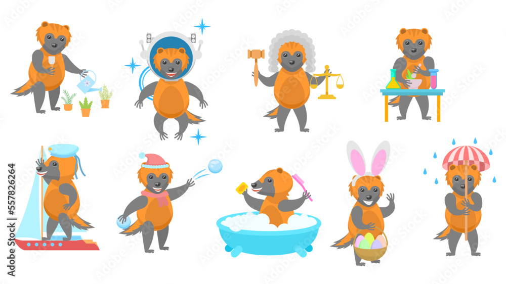Obraz premium Big Set Abstract Collection Flat Cartoon Different Animal Wolverines Vector Design Style Elements Fauna Wildlife