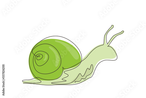 Continuous one line drawing common garden snail crawling. Snail animal mascot for food logo identity. High nutritious escargot healthy food concept. Single line draw design vector graphic illustration