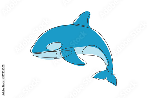 Single continuous line drawing whale killer orca in water. Wild whale killer fish animal mascot for aquatic swimming pool. Orca in under ocean water. One line draw graphic design vector illustration