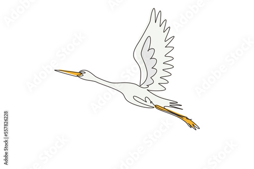Single continuous line drawing storks flying in sky. Bird as symbol for baby shower, delivery, news, pregnancy. Spring mood concept. Bird life nature. One line draw graphic design vector illustration