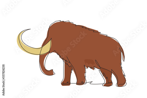 Single one line drawing big mammoth business logo identity. Prehistoric animal from ice age. Strong animal mascot for zoo, tusks, elephant species. Modern continuous line draw design graphic vector