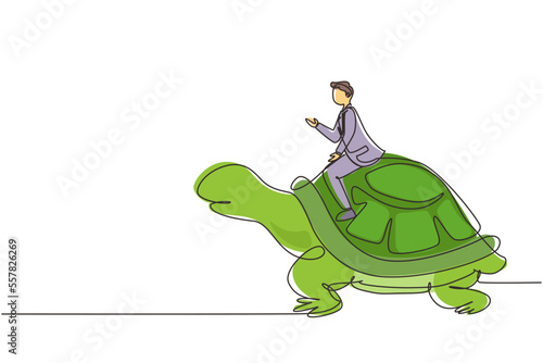 Continuous one line drawing businessman riding huge turtle. Slow movement to success, manager driving giant tortoise. Business competition concept. Single line draw design vector graphic illustration