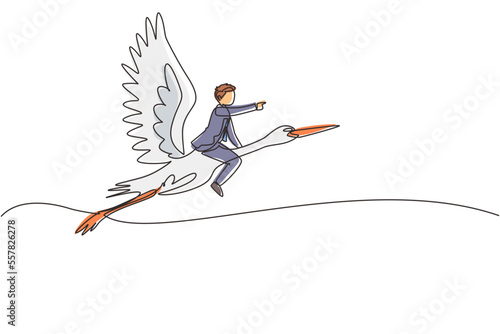 Single continuous line drawing businessman riding stork symbol of success. Business metaphor concept, looking at the goal, achievement, leadership. One line draw graphic design vector illustration