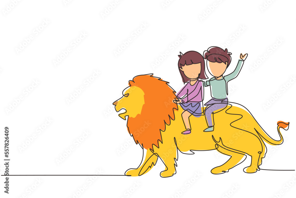 Continuous one line drawing little boy and girl riding lion together ...