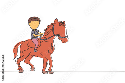 Single continuous line drawing happy cute boy riding cute horse. Child sitting on back horse with saddle in ranch park. Kids learning to ride horse. One line draw graphic design vector illustration © Simple Line