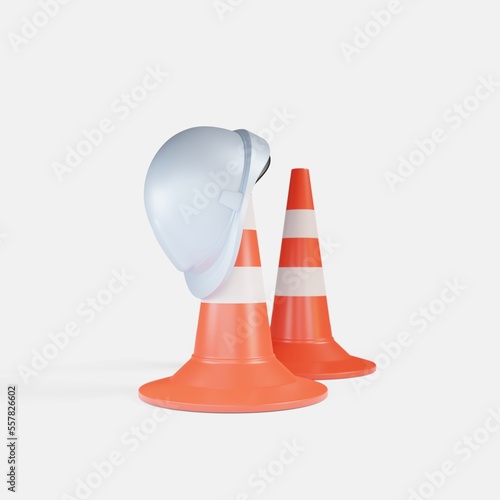 A worker's helmet hangs on a traffic cone. Strike of workers or weekend of road services. 3d rendering.