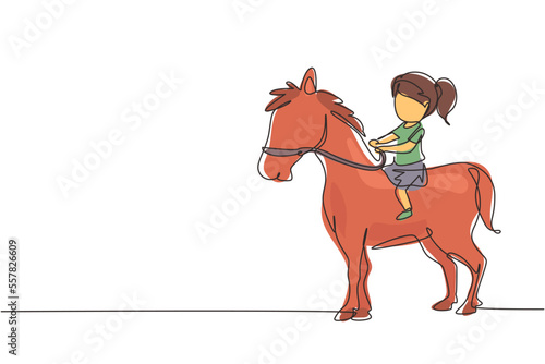 Single continuous line drawing happy cute girl riding cute horse. Child sitting on back horse with saddle in ranch park. Kids learning to ride horse. One line draw graphic design vector illustration