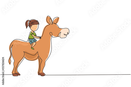 Single one line drawing happy cute girl riding cute donkey. Child sitting on back donkey with saddle in ranch park. Kid learning to ride donkey. Continuous line draw design graphic vector illustration