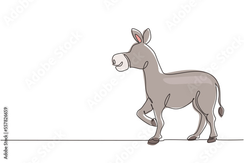 Single one line drawing donkey cute farm animal lift one front leg. Friendly tame animals. Helping farmers bring agricultural produce. Modern continuous line draw design graphic vector illustration