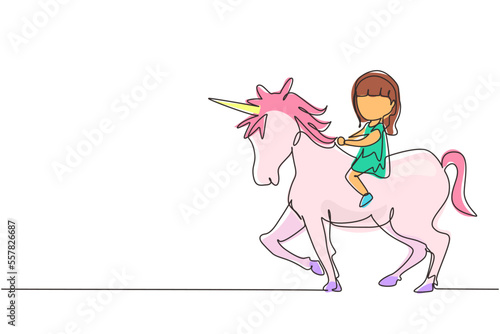 Single continuous line drawing happy cute girl riding cute unicorn. Child sitting on back unicorn in fairy tale dream. Kids learning to ride unicorn. One line draw graphic design vector illustration
