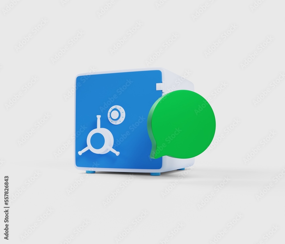 Chat with bank support. Icon dialog message on the background of the safe. Green messenger icon. 3D rendering. Chat with bank support. Icon dialog message on the background of the safe. Green messenger icon. 3D rendering.
