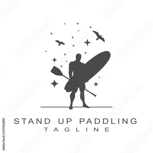 Man posing with surfboard and paddle. Stand up paddle boarding logo design isolated on white background. Birds and stars