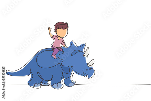 Single one line drawing little boy caveman riding triceratops. Young kid sitting on back of dinosaur. Stone age children. Ancient human life. Continuous line draw design graphic vector illustration